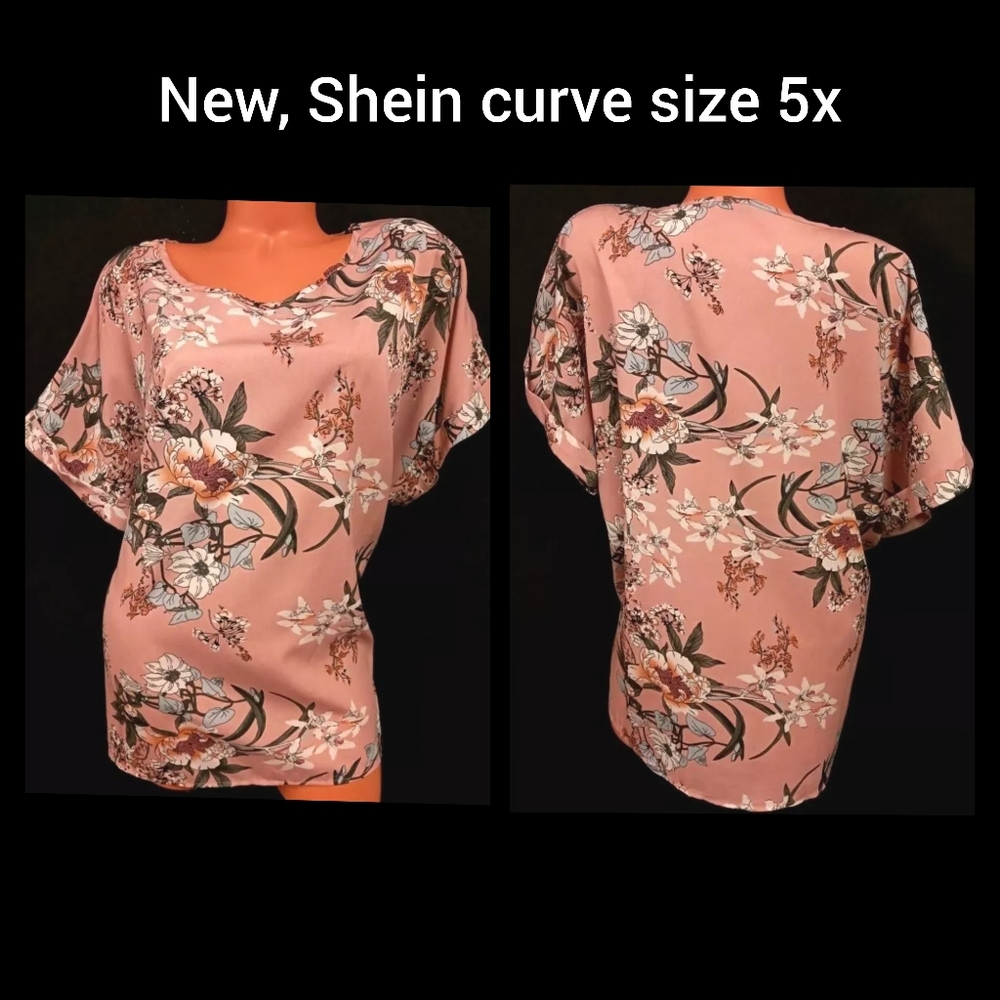 Shein curve pink floral print spandex stretch short sleeve top size 5x